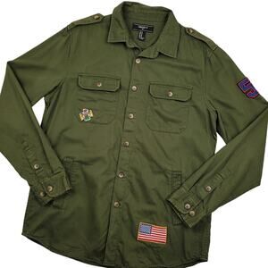 Forever 21 Men's Army Style Long Sleeve Button Up Shirt Sz Medium Patches